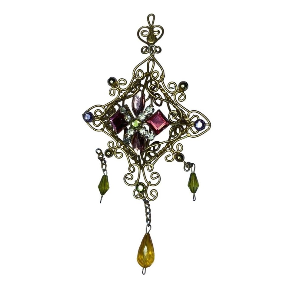 Vintage Gold Filigree Hanging Ornament With Jewel Accents & Beaded Dangling Char